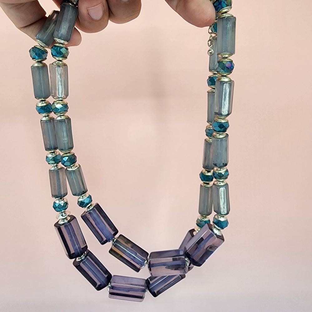 Purple Gray Teal Beaded Double Strand Necklace Silver Tone Vintage Statement